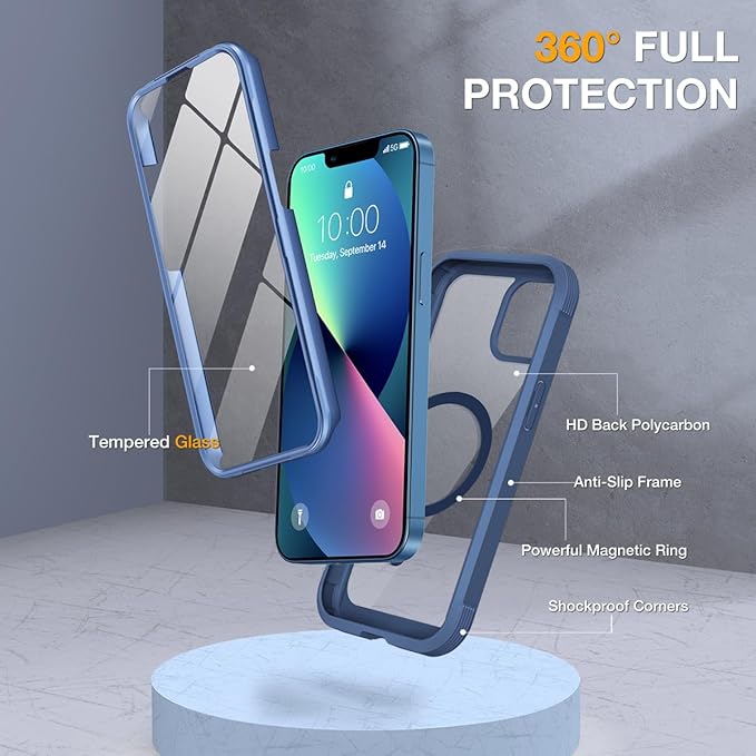 Miracase for iPhone 13 mini Case 5.4",Full-Body Protection,Clear Bumper Case with Built-in 9H Tempered Glass Screen Protector,Military-Grade Drop Protection Outdoor Phone Case for 13 mini,Dark Blue