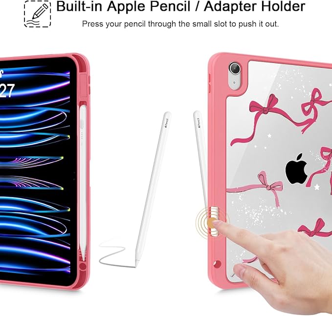 Tuiklol for iPad Pro 11 Inch 4th / 3rd / 2nd / 1st Gen (2022 2021 2020 2018) Case -Built-in Pencil Holder Shockproof Cover Clear Transparent Back Shell with Auto Wake/Sleep, Bow-Watermelon Red