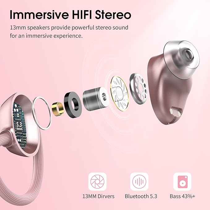 Wireless Earbuds for Small Ear, HiFi Stereo Sport Bluetooth 5.3 Headphones with Earhooks, 48H Deep Bass Running Ear Buds with LED Display, Noise Cancelling, IP7 Waterproof Built-in Mic for iOS Android