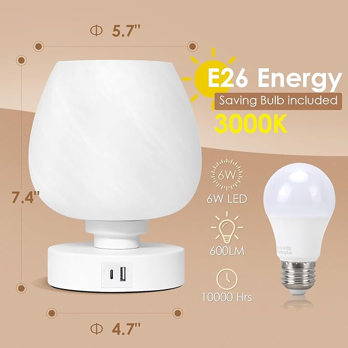Bedside Table Lamp - Touch Small Lamp for Bedroom Nightstand, 3-Way Dimmable, USB A+C Charging Ports, White Opal Glass Shade, Warm LED Bulb Included