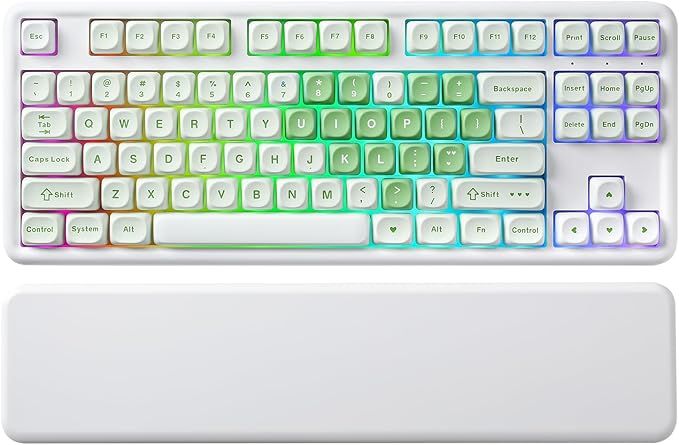 YUNZII B87 Wireless Mechanical Keyboard,QMK/VIA Programmable,TKL Layout 87 Keys,BT/2.4G/USB-C,Hot Swap Gasket Mount RGB Backlit Gaming with Wrist Rest for Win/Mac (Matcha Heart, Cocoa Cream V2)
