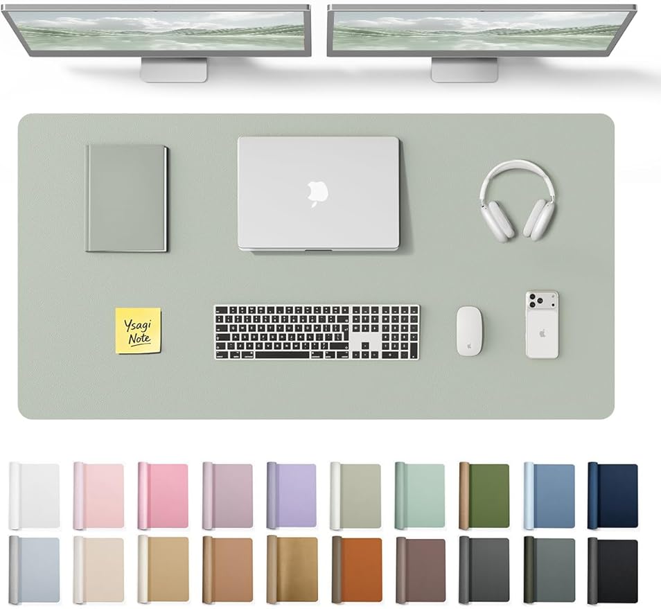 YSAGi Leather Desk Protector, Office Mat, Large Mouse Mat, Non-Slip PU Leather Blotter, Laptop Desk Pad, Waterproof Writing Pad for Office and Home (Grayish Green, 47.2" x 23.6")
