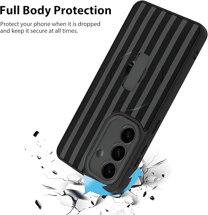 KANGHAR Compatible with Samsung Galaxy S26 Case, Support for MagSafe, Silicone Stripes Cute Pattern, Wristband Kickstand Camera Protection Soft Slim Cover for Girls Women -Black
