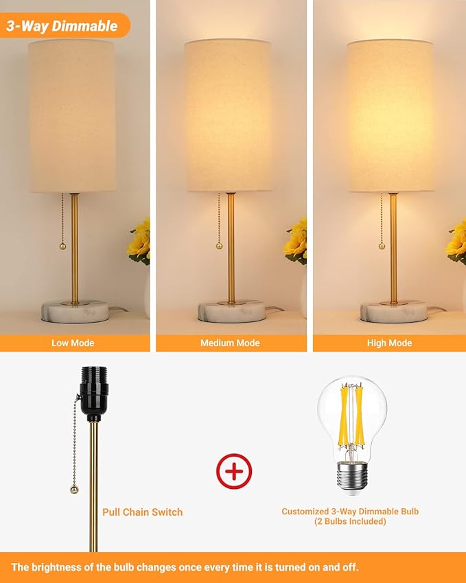 JUNNAI 18.5" Desk Lamp & Table Lamp Set of 2, Skinny Bedside Lamp with Marble Base, Pull Chain Switch, 3-Way Dimmable, Linen Fabric Shade, Small Nightstand Lamps for Living Room, Bedroom, Reading
