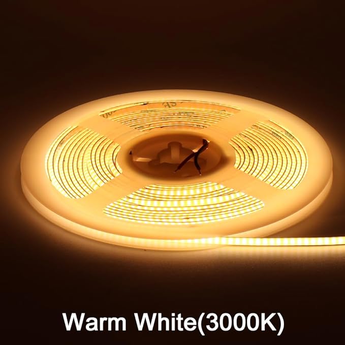 3mm COB Strip Light, DC 12V Warm White 16.4ft Flexible Cuttable Ultra-Thin LED Tape CRI>90 Uniform Dotless 400LEDs/M LED Light for Christmas Bedroom Home Kitchen Cabinet Decor (NO Power Supply)
