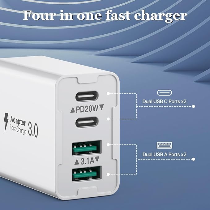 USB C Wall Charger, 40W 4-Port USB C Charger Block, Fast Charging Block Dual Port PD+QC Wall Plug Multiport Type C for iPhone 14/13/12/11/Pro Max/XS/XR/8/7, iPad, Samsung Phone, Tablet