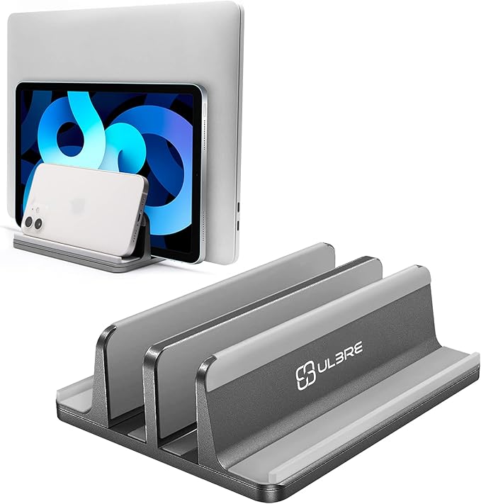 Vertical Laptop Stand Aluminum Heavy Duty, 4 Slots Double Adjustable MacBook Stands Laptop Holder Compatible w' All iPad Surface Dell Samsung HP Chromebook Upto 17.5' - Gray
