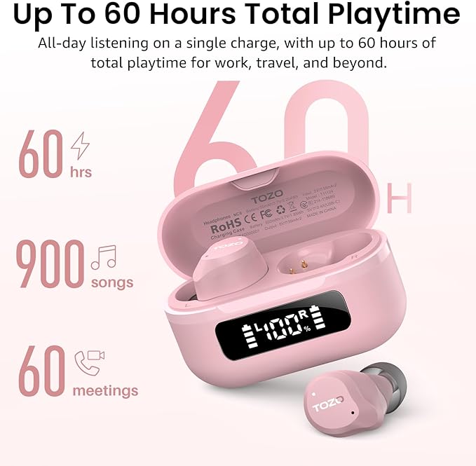 TOZO NC9 Hybrid Active Noise Cancelling Wireless Earbuds, 6 Mics ENC Clear Call, IPX8 Waterproof, in Ear Bluetooth 5.3 Headphones Stereo Bass Ear Buds 60H Playtime with LED Display 32 EQs via APP