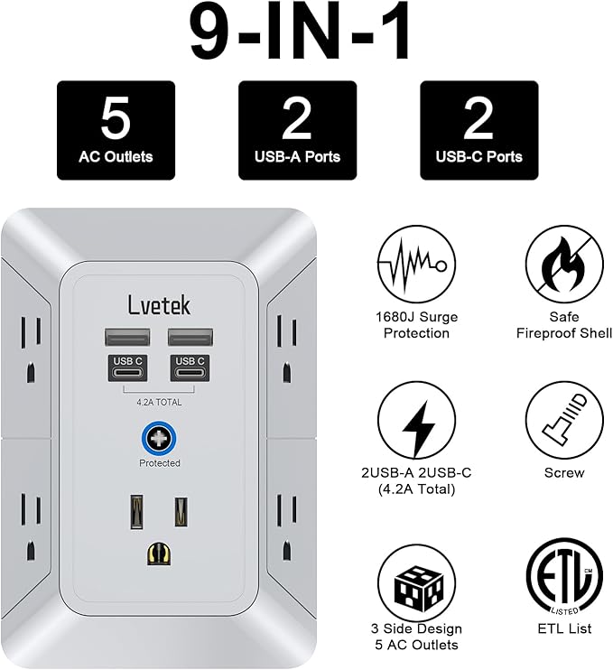 Multi Plug Outlet Surge Protector, Lvetek Outlet Extender with 5 Outlet and 4 USB Ports(2 USB C), 3-Sided Multiple-Plug Outlet Splitter Wall Charger for Home Travel Office,ETL Listed,Grey
