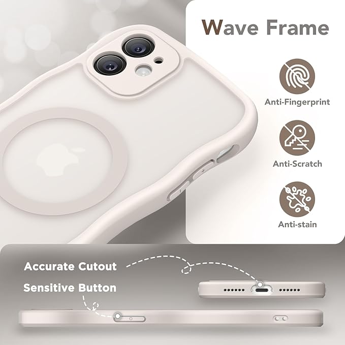 CAPRARO Cute for iPhone 11 Case, Compatible with MagSafe, [Curly Wave Edge] [Full Camera Protection] [14 FT Drop Protection] Magnetic Phone Case for 11 6.1 Inch, Stone