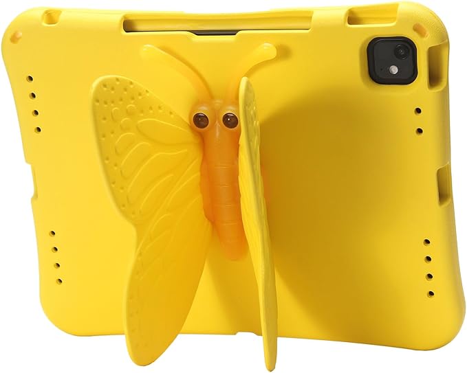 Butterfly Kids Case for iPad Air 13 Inch M3/M2 (2025/2024), iPad Pro 13 M5/M4 (2025/2024), iPad Pro 12.9 (2022/2021/2020/2018), 3D Cartoon EVA Foam Shockproof Stand Cover for Girls - Yellow