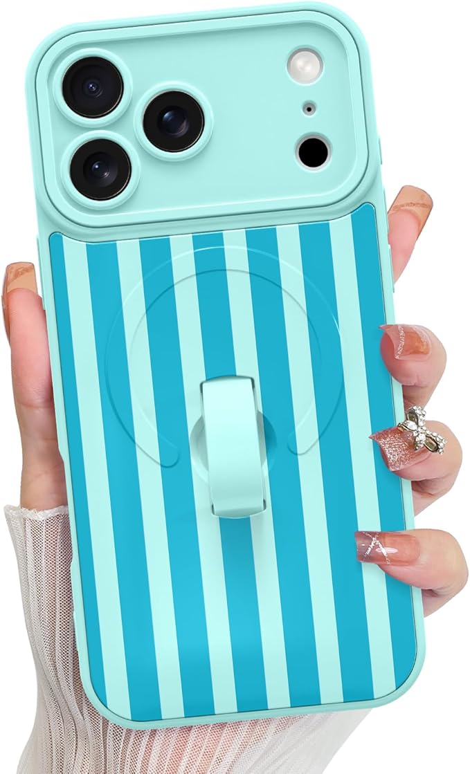 KANGHAR Compatible with iPhone 17 Pro Case, Support for MagSafe, Silicone Stripes Cute Pattern, Wristband Kickstand Camera Protection Soft Slim Cover for Girls Women -Blue