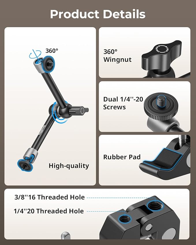 SMALLRIG Clamp w/ 1/4" and 3/8" Thread and 9.8 Inches Adjustable Friction Power Articulating Magic Arm with 1/4" Thread Screw for LCD Monitor/LED Lights - KBUM2732B