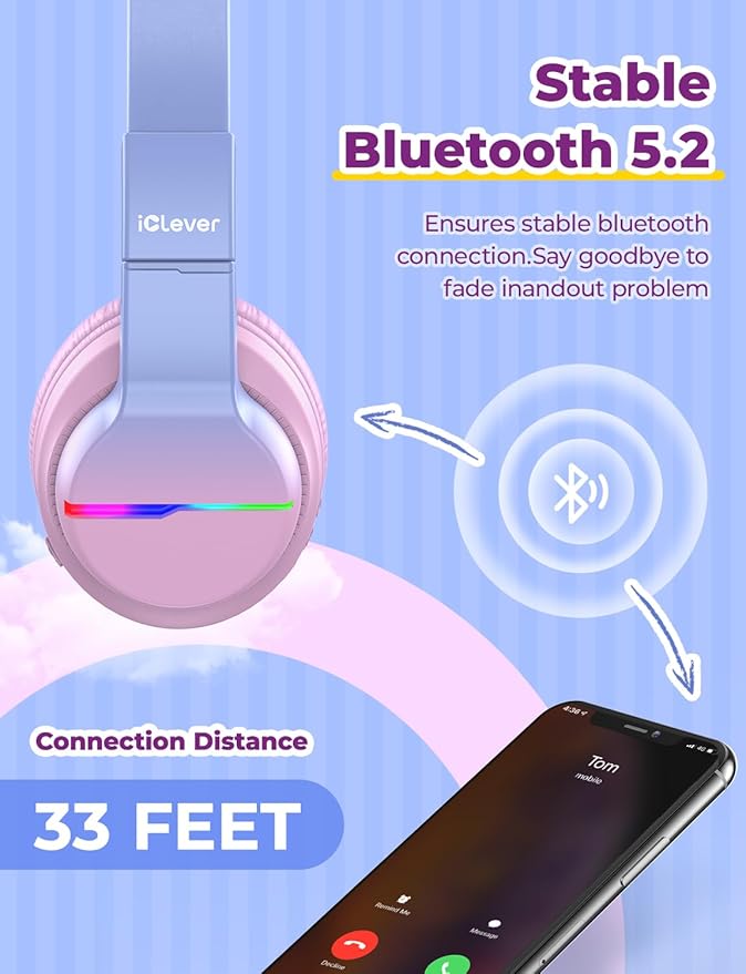iClever BTH12 Kids Bluetooth Headphones,Colorful LED Lights,74/85dBA Safe Volume,85H Playtime,Fast Charging,Bluetooth 5.2,Over Ear Kids Headphones Wireles for iPad/Tablet/Airplane, Gradient Pink