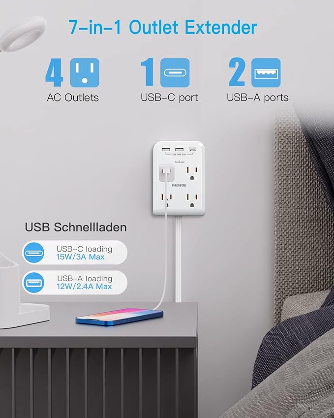 Surge Protector Power Strip, Outlet Extender Stick with USB C Ports, 4 Outlet 3 USB, 4 FT Extension Cord Flat Wall Plug, Home Office Dorm Room Essentials, White