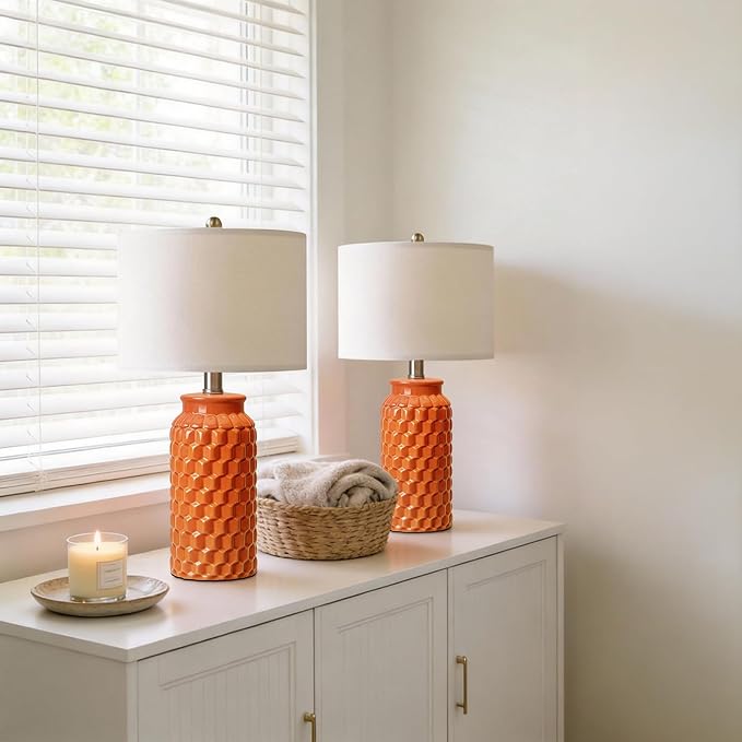 USumkky 20.5" Ceramic Table Lamps Set of 2, Modern Farmhouse Boho Bedside Lamps for Bedroom, Nightstand Lamps for Living Room End Tables, Small Desk Lamps, Orange