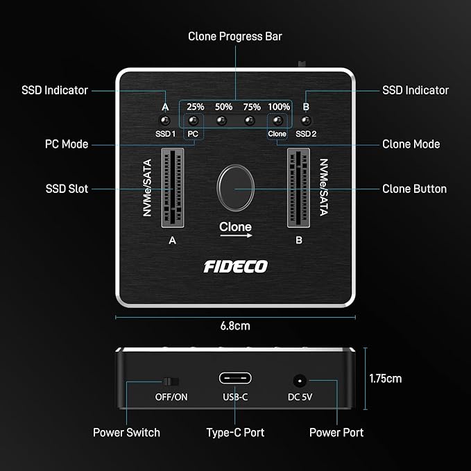 FIDECO M.2 NVMe SATA SSD Cloner Dock, USB 3.2 Gen 2 X 2, 20Gbps Dual NVMe SATA SSD Enclosure, M.2 Duplicator Cloner, Support Offline Clone, UASP and Trim, Aluminum Design