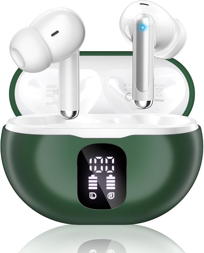 XIAOWTEK Wireless Earbuds, Bluetooth 5.4 Headphones with 50H Playback, Deep Bass Stereo Ear Buds Clear Calls with LED Power Display, Light Green