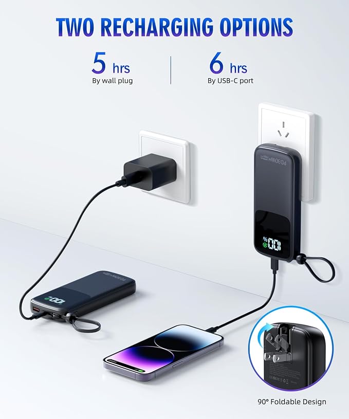 LOVELEDI Portable-Charger-Power-Bank - 15000mAh Power Bank Supports PD 30W Fast Charging Built-in AC Wall Plug and 2 Output Cables with LED Display for iPhone iPad and Most Electronic Devices(Black)