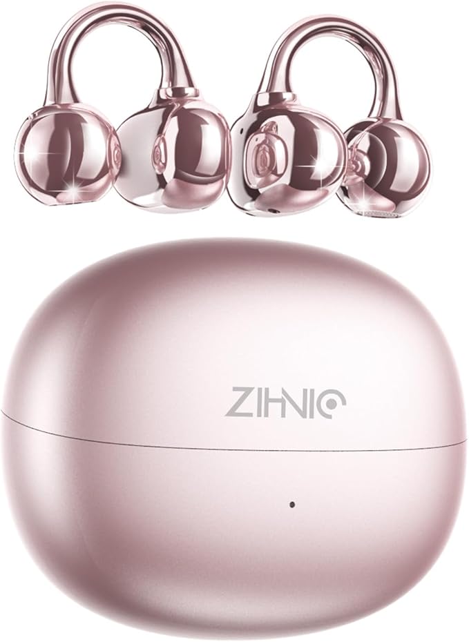 ZIHNIC S26 Wireless Clip on Earbuds, Open Ear Wireless Bluetooth 5.4 Headphones with Mic, IPX5 Waterproof, 35Hr Play time, Light Weight -Rose-Gold