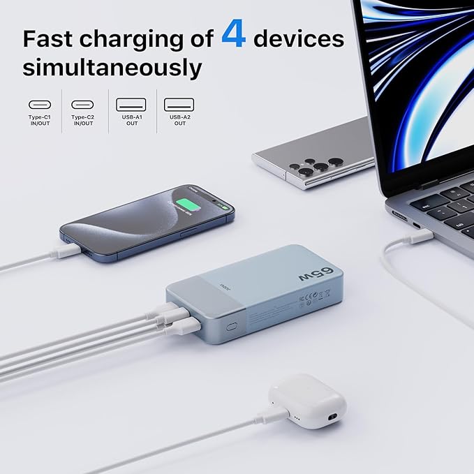 JUOVI Portable Charger 65W Power Bank 20000mAh Compact USB C Laptop Power Bank Fast Charging Battery Pack for Laptop MacBook Dell XPS iPad Tablet Steam Deck iPhone 17/16/15/14 Series Samsung and More