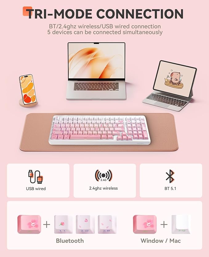 DAREU EK98pro Sakura Pink Wireless Mechanical Keyboard,Tri-Mode BT/2.4GHz/USB-C Creamy Gaming Keyboard with Number Pad,Gasket Structure,Hot Swappable Custom,RGB Backlit for Win/Mac