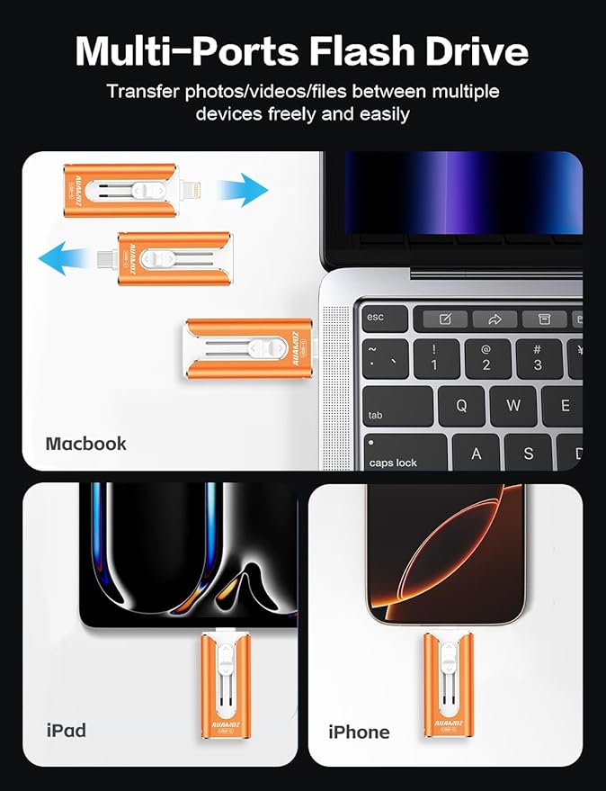256GB Mini Dual Interface Flash Drive, Portable Memory Stick Compatible with iPhone 17/16/15/14/13/12/11, iPad, Android & PC, Easy to Save Photos, Videos & Files (1 Pack-Cosmic Orange)