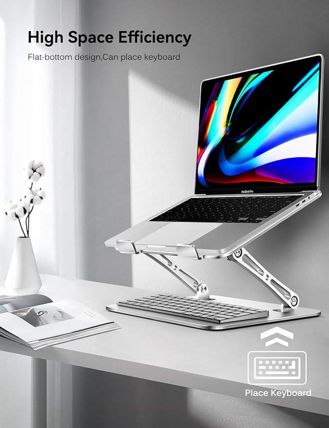 ivoler Adjustable Laptop Stand with 360° Rotating Base, Ergonomic Laptop Stand for Desk, Foldable & Portable Laptop Riser, for Collaborative Work, Fit MacBook Laptops up to 16 inches Silver
