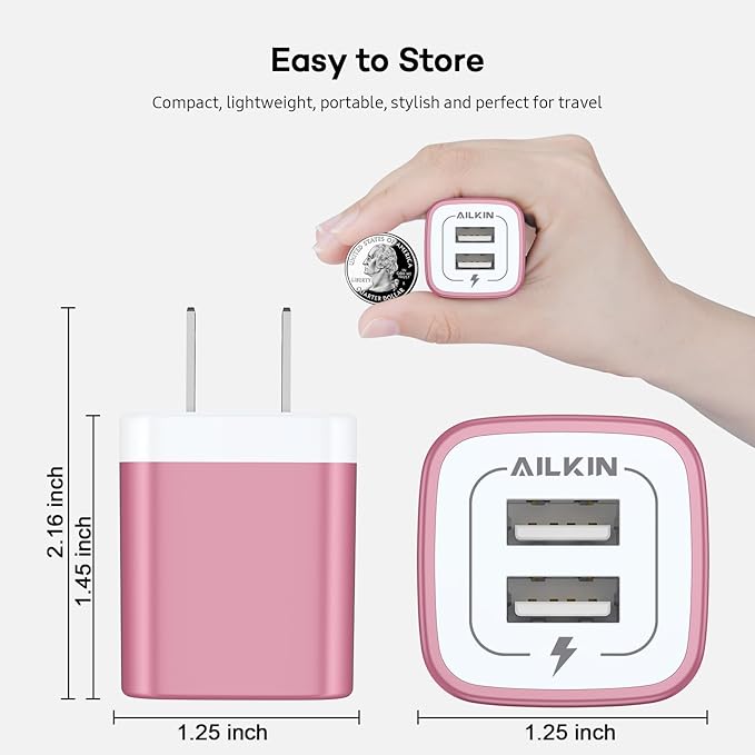 USB Wall Charger, Charger Block, AILKIN 2.1A Multiport Fast Charge Power Brick Cube for iPad, iPhone, iPod, Samsung Galaxy, Motorola, Moto, PS5, Huawei, HTC, LG, Nokia, USB A Charging Box, AC Adapter