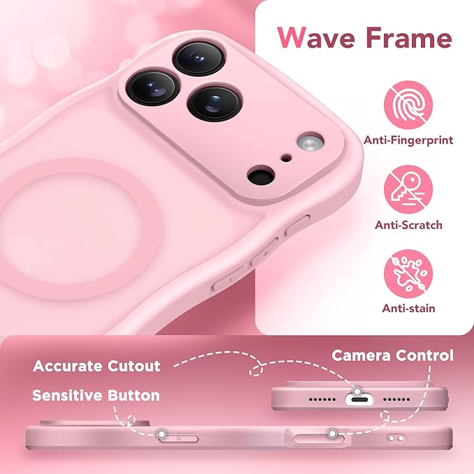 CAPRARO Magnetic for iPhone 17 Pro Case for Women Girls, Upgraded [Full Camera Protection] [Compatible with MagSafe] Cute Wave Translucent Matte Phone Case for iPhone 17 Pro, Peach Pink