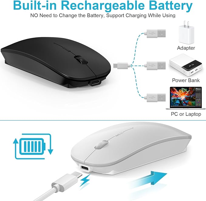 Mouse for MacBook Wireless Bluetooth Mouse Laptop MacBook Air Mac Pro Rechargeable Silent PC iPad Optical Mouse with Dual Mode Switch Bluetooth 5.2/3.0 and 2.4GHz USB Type-C Receiver Silvery