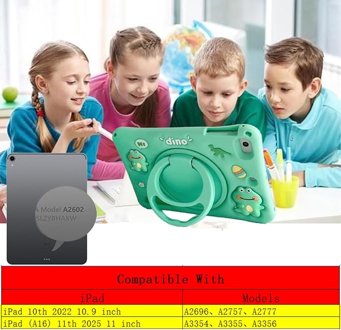 3D Cute Press Dinosaur Case for iPad 10th Gen (2022) 10.9 inch/iPad (A16) 11th 2025 11 inch,Cartoon Character Dinosaur Soft Silicone Rotating Stand Case with Lanyard for Kids Teens Girls Women