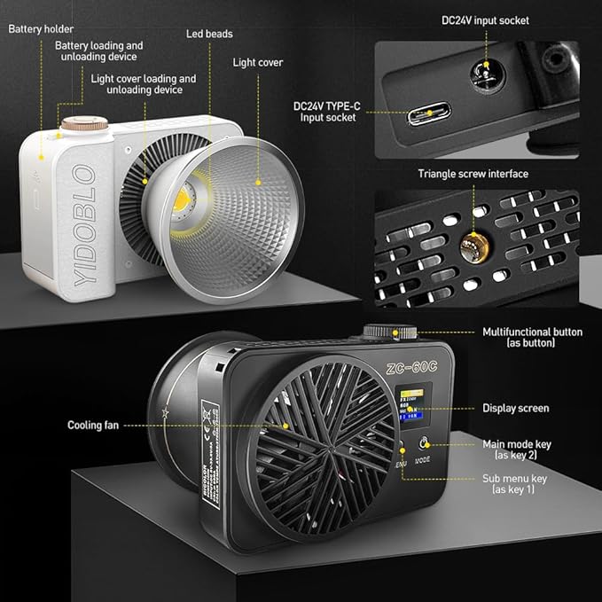 ZC-100BI 100W COB Video Light with Bowens Mount,10000Lux/m 2700K-7500K Bi-Color Camera Light with 10 Scenario Simulations Control Continuous Lighting for Photography (ZC-60C+ kit)