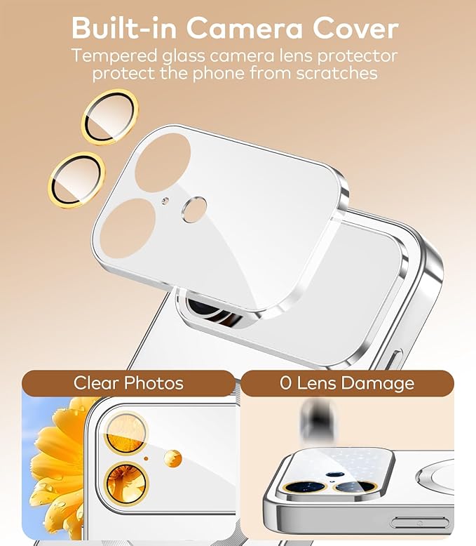 TOBOVON Magnetic for iPhone 17 Case with Ring Stand, Fits MagSafe, with Built-in Camera Lens Protector, Slim Electroplated Shockproof Phone Cover, Silver