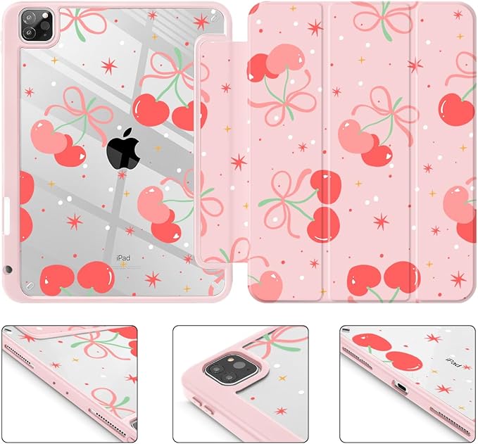 Tuiklol for iPad Pro 12.9 Inch 6th/5th/4th/3rd Generation 2022 2021 2020 2018 Case,Built-in Pencil Holder Clear Transparent Protective Back Shell Cover with Auto Sleep/Wake, Etro Cherry