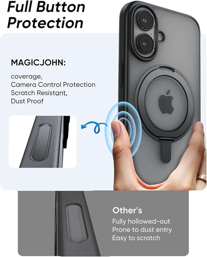 MAGIC JOHN 360° Rotatable Magnetic Invisible Stand for iPhone 16 Case [Camera Control Button] [Compatible with MagSafe] 16FT Shockof for iPhone 16 Case with Kickstand, Black