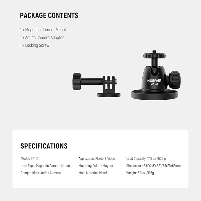 NEEWER Basics Magnetic Camera Mount for Action Camera Compatible with GoPro Insta360 DJI AKASO Accessories, Strong Magnet 360° Ball Head Mount for Car Video Recording Live Streaming, GP-101