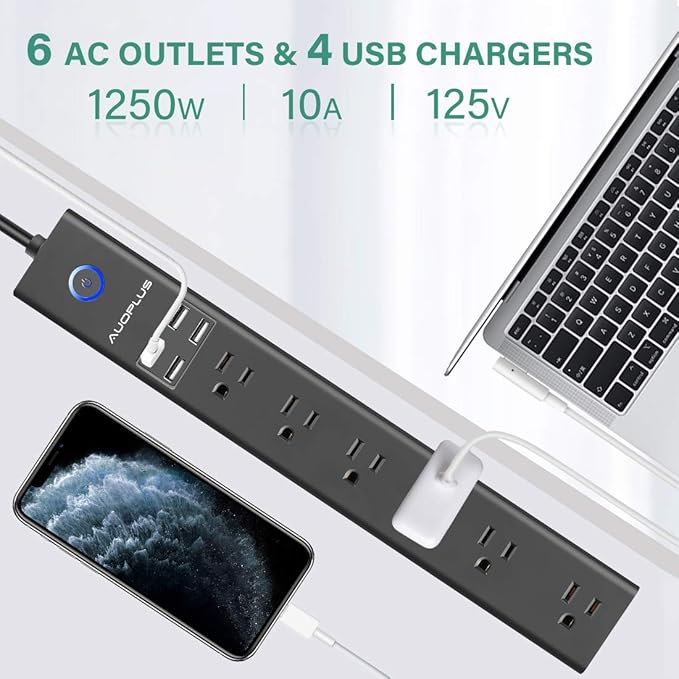 AUOPLUS 10FT Surge Protector Power Strip, 6 AC Outlets with 4 USB Ports, Long Extension Cord Flat Plug(1250W/10A/2100J) Wall Mount Power Strips for Computer Home Office Dorm - Black