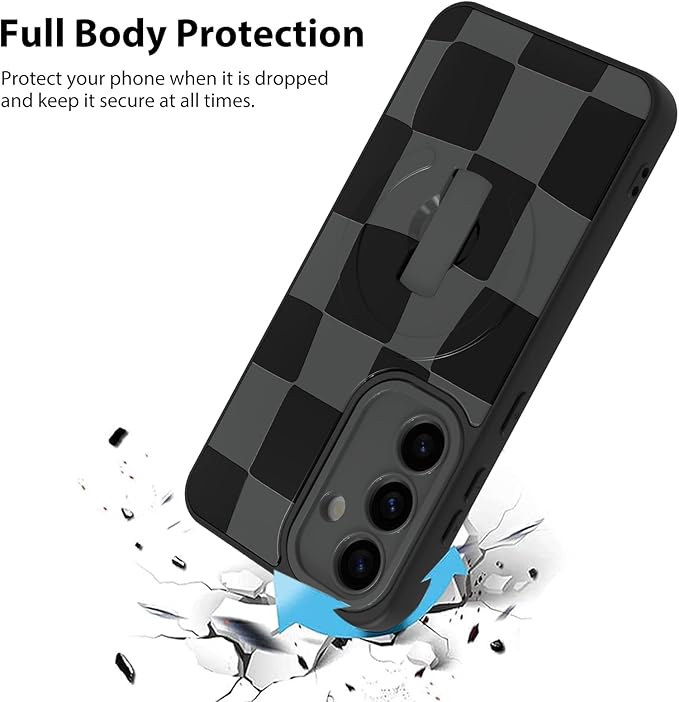 KANGHAR Compatible with Samsung Galaxy S25 Case, Support for MagSafe, Silicone Checkered Cute Pattern, Wristband Kickstand Camera Protection Soft Slim Cover for Girls Women -Black