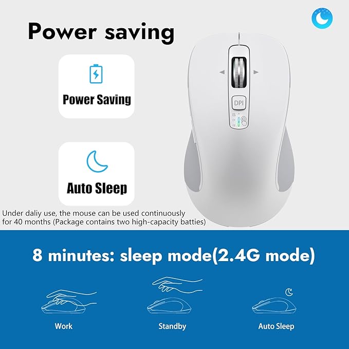 CITLLA Wireless Bluetooth Mouse (USB + BT1 + BT2), Full Size, 4-Way Scrolling, Multi-Device Silent Mouse for Computer, Laptop, iPad, MacBook (White)