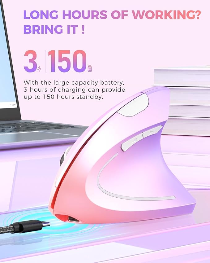 Lekvey Ergonomic Mouse, Vertical Wireless Mouse Rechargeable 2.4 GHz Optical Carpal Tunnel Mouse : 800/1200/1600 DPI, 6 Buttons, for Laptop, PC, Mac, Computer, Desktop, Notebook etc, Pink to Purple
