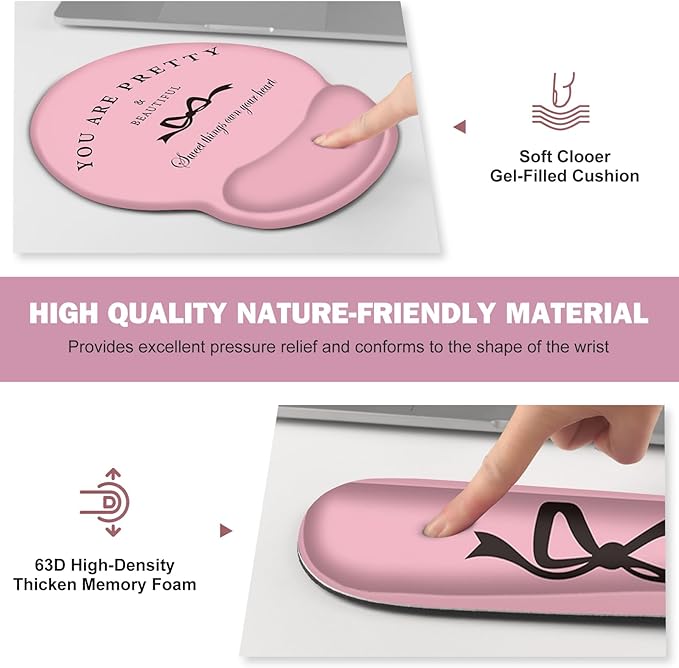 Gaming Mouse Pad, Large Desk Mat, Cute Desk Pad Protector, 4in1 XXL Mousepad + Keyboard Wrist Rest+Mouse Wrist Rest+Coaster Set with Ergonomic Desk Pad for Home Office Table Computer, Pink Pretty Bow