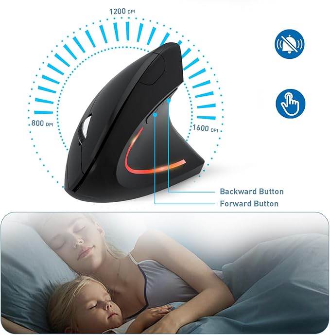 Wireless Ergonomic Mouse, 2.4G Wireless Vertical Ergo Mouse, 800/1200/1600 Adjustable DPI,6 Buttons Ergonomic Mouse for Laptop/MacBook/PC/Desktop-Black
