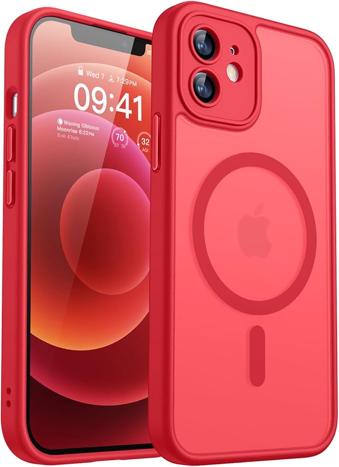 CANSHN Magnetic for iPhone 12 Mini Case, Upgraded [Full Camera Protection] [Compatible with Magsafe] [Translucent Matte] Shockproof Protective Phone Case for iPhone 12 Mini 5.4" - Red