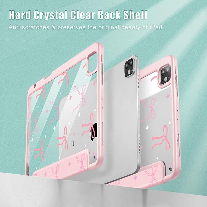 Tuiklol for iPad Pro 11 Inch 4th / 3rd / 2nd / 1st Gen (2022 2021 2020 2018) Case -Built-in Pencil Holder Shockproof Cover Clear Transparent Back Shell with Auto Wake/Sleep, Pink Bows
