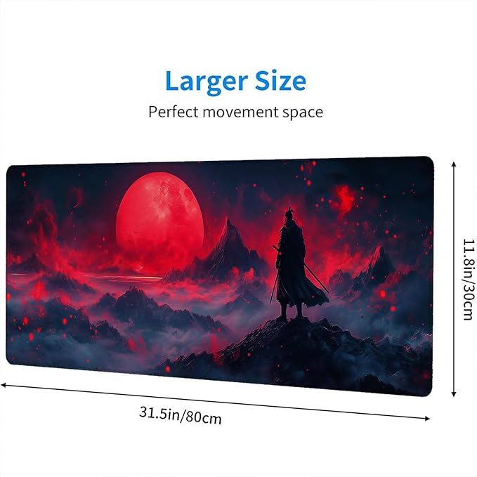 Japanese Samurai Gaming Mouse Pad Desk Pad Red Blood Moon Anime Katana Extended Gaming Mouse Pad Mat with Stitched Edge Non-Slip Base Big Mouse Pad Office Computer Keyboard Laptop Home 31.5"x11.8"