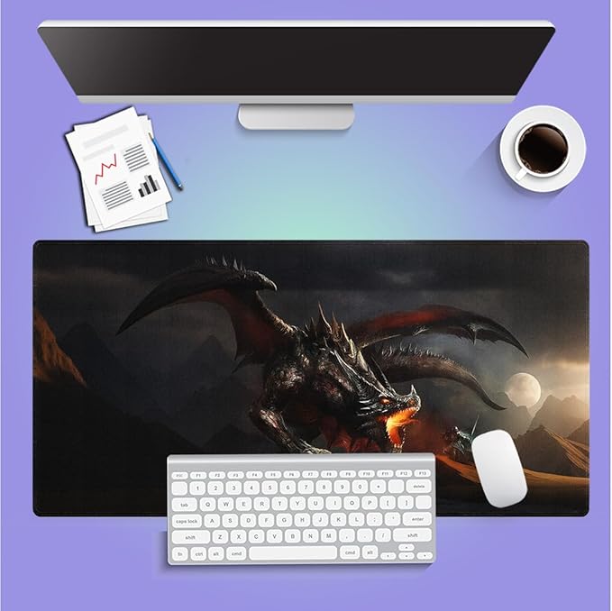 Large Gaming Mouse Pad (31.5" x 15.8") - Fantasy Scene Knight Fighting Dragon, Extra XXL Extended Office Accessories, Premium Stitched Anti-Slip Desk Mat