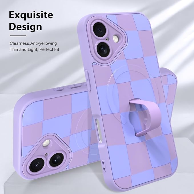 KANGHAR Compatible with iPhone 16 Case, Support for MagSafe, Silicone Checkered Cute Pattern, Wristband Kickstand Camera Protection Soft Slim Cover for Girls Women -Purple
