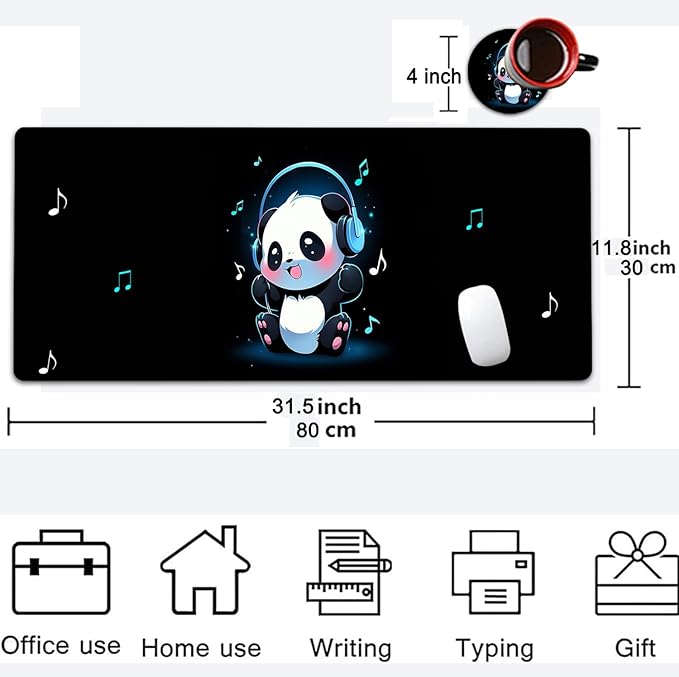 Large Mouse Pad, 31.5 x 11.8in Extended Gaming Mouse Pad with Stitched Edges, XXL Mousepad Protector Non Slip Rubber Base for Office and Home Writing Mat, Cute Panda Pattern Black Desk Mat