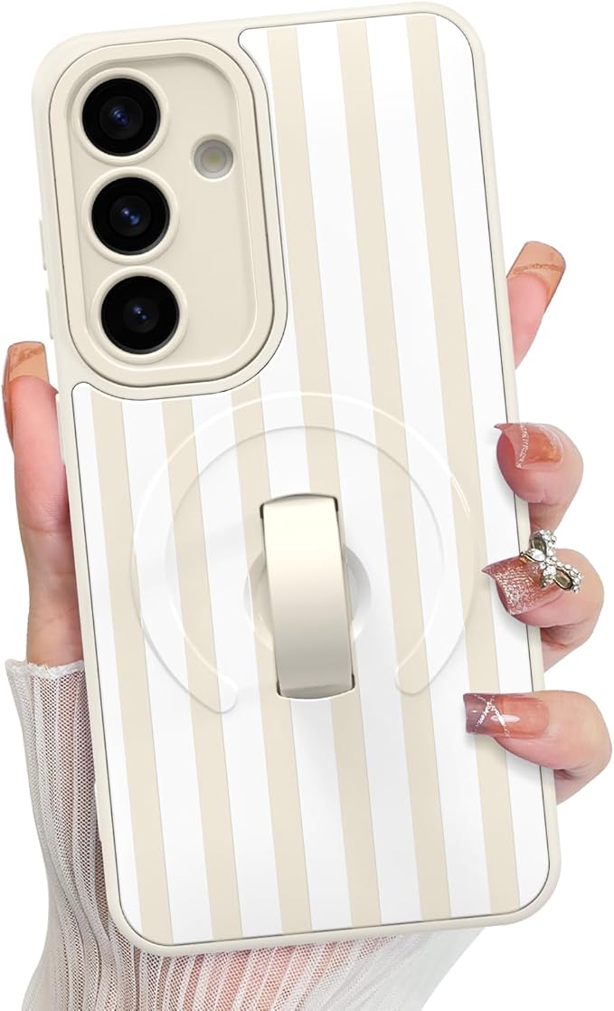 KANGHAR Compatible with Samsung Galaxy S25 Case, Support for MagSafe, Silicone Stripes Cute Pattern, Wristband Kickstand Camera Protection Soft Slim Cover for Girls Women -White